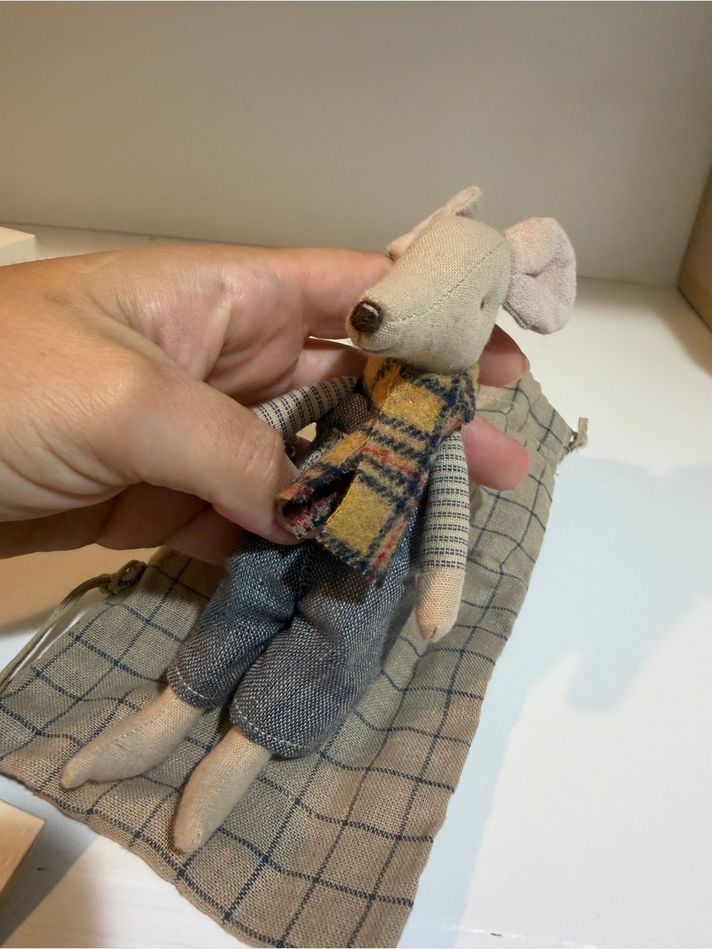 Retired. Rare. Beige Plush Mouse Doll with Yellow Plaid Scarf - Kids Accessories